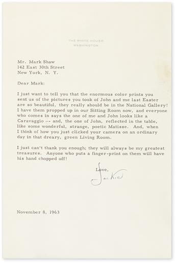 KENNEDY, JACQUELINE. Two letters to photographer Mark Shaw (Dear Mark), each Signed, Jackie, as First Lady, concerning his photos:
